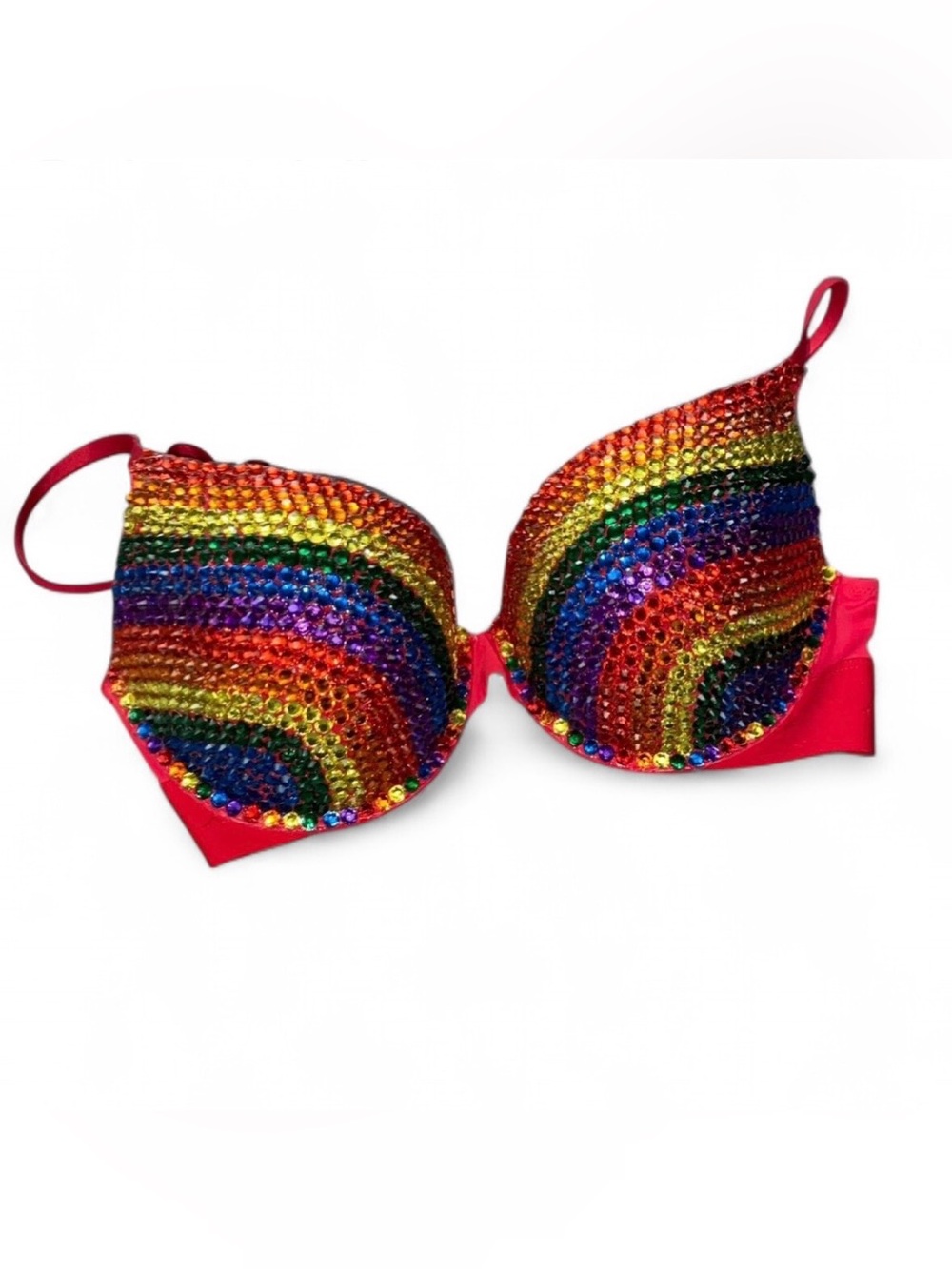 32A Rainbow Stripe Design Rhinestone Classic Glam Bling Red Bra Top New